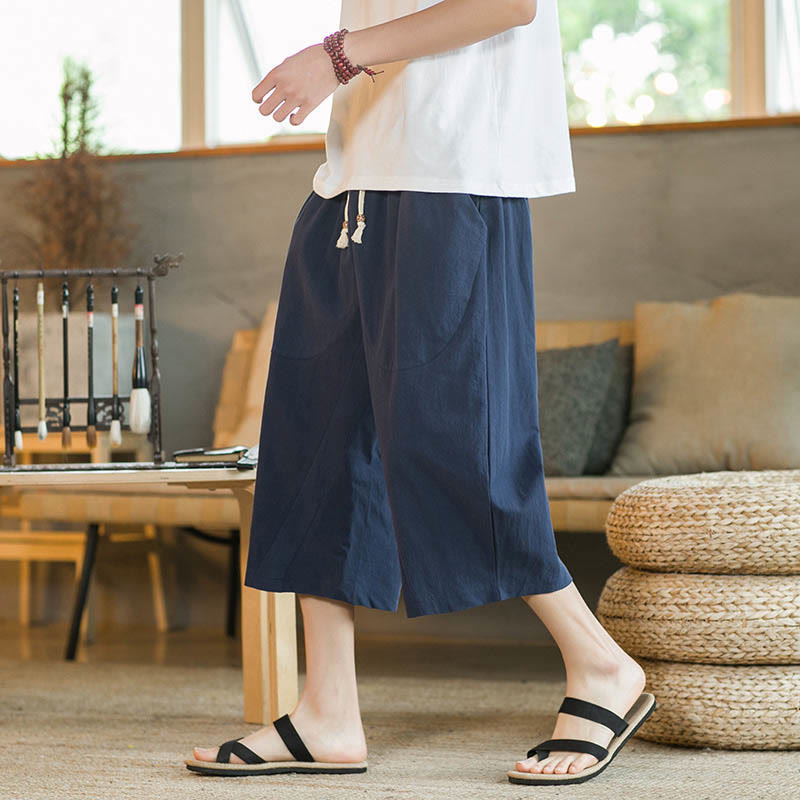 Pantalones de hombre de pierna ancha, de largo medio, con bolsillos, color liso y Buddha Stones. - Azul marino - US/UK/AU46, EU56 (5XL) - image 9
