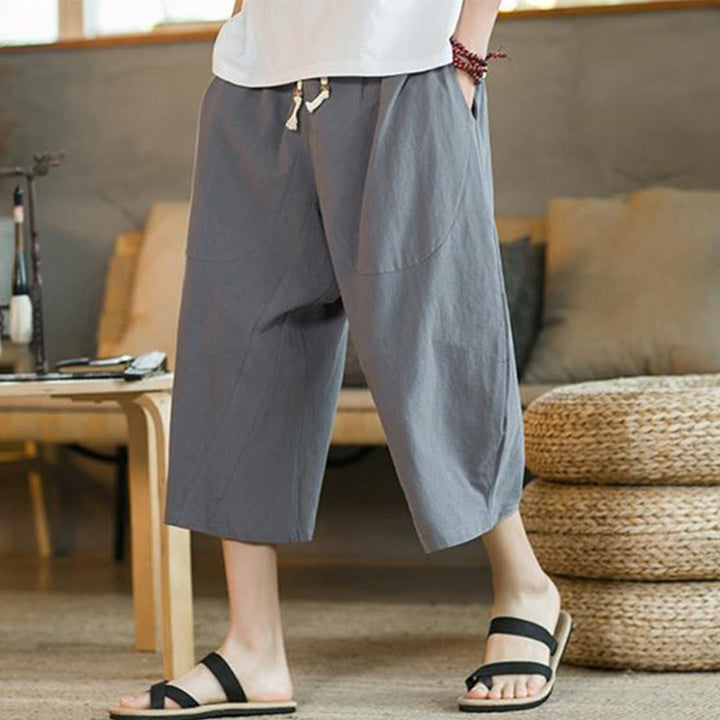 Pantalones anchos de hombre de lino de largo medio de color liso con Buddha Stones con bolsillos - Gris - US/UK/AU46, EU56 (5XL) - image 25