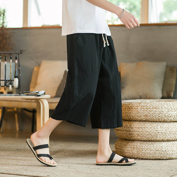 Pantalones anchos de hombre de lino de largo medio de color liso con Buddha Stones con bolsillos - Negro - US/UK/AU46, EU56 (5XL) - image 0