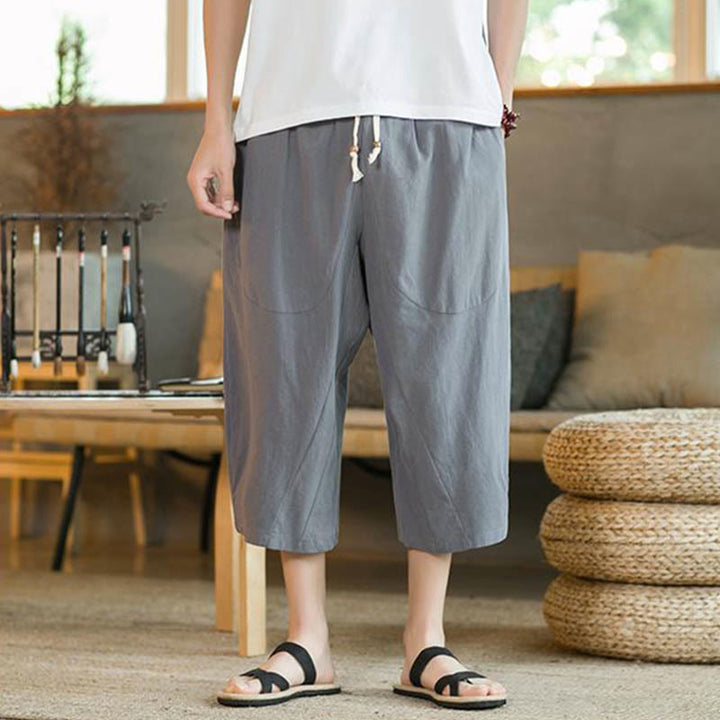 Pantalones anchos de hombre de lino de largo medio de color liso con Buddha Stones con bolsillos - image 26