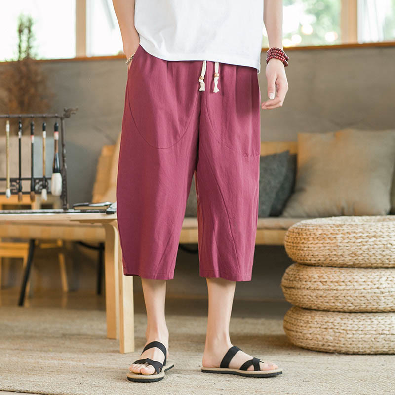 Pantalones anchos de hombre de lino de largo medio de color liso con Buddha Stones con bolsillos - image 18