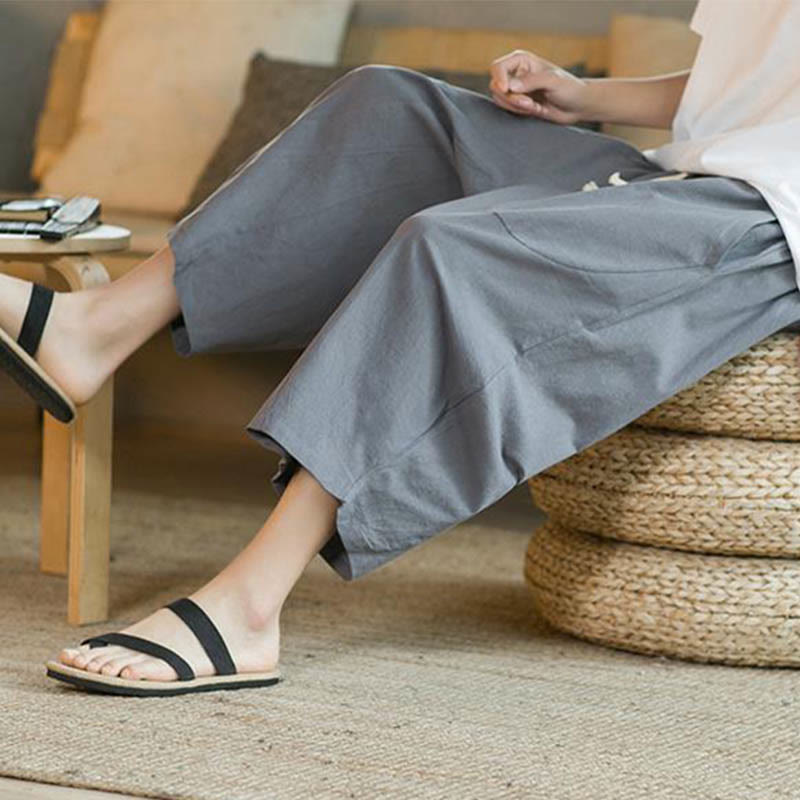 Pantalones anchos de hombre de lino de largo medio de color liso con Buddha Stones con bolsillos - image 32