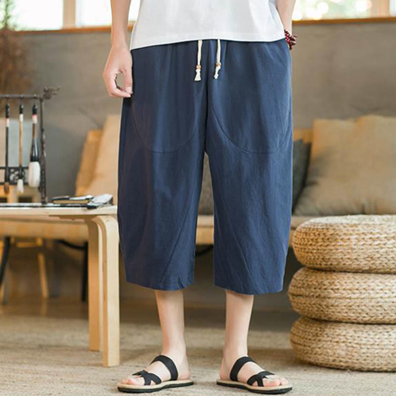 Pantalones anchos de hombre de lino de largo medio de color liso con Buddha Stones con bolsillos - image 11