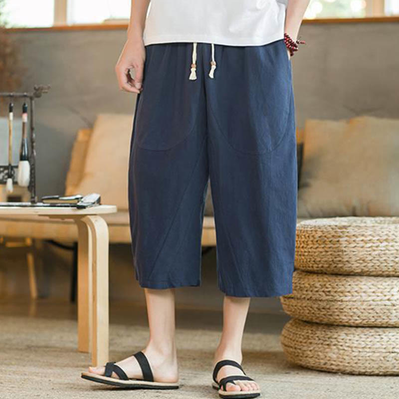 Pantalones anchos de hombre de lino de largo medio de color liso con Buddha Stones con bolsillos - image 13