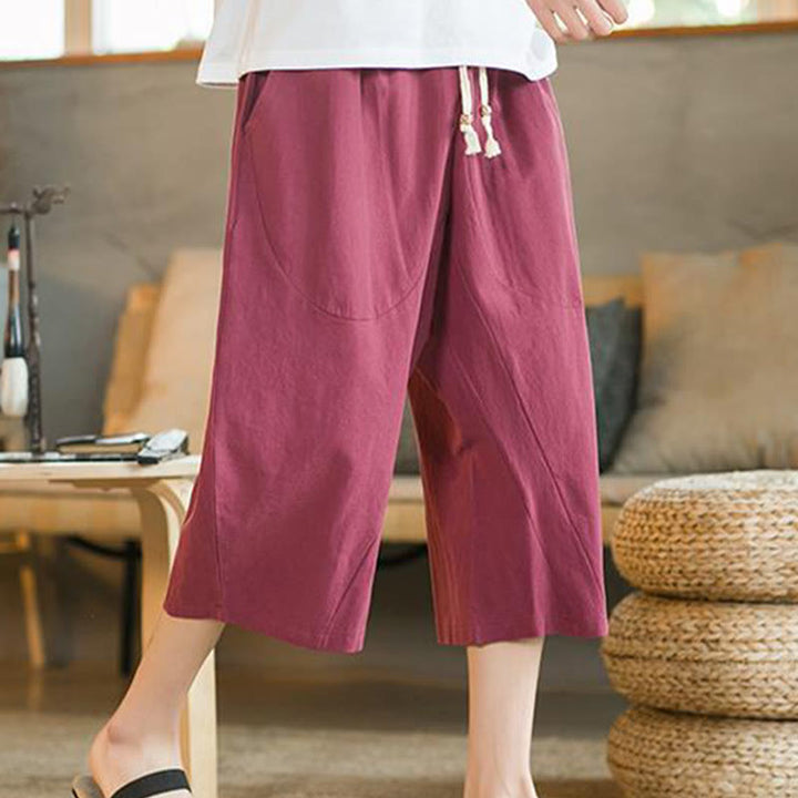 Pantalones anchos de hombre de lino de largo medio de color liso con Buddha Stones con bolsillos - Rojo - US/UK/AU46, EU56 (5XL) - image 16