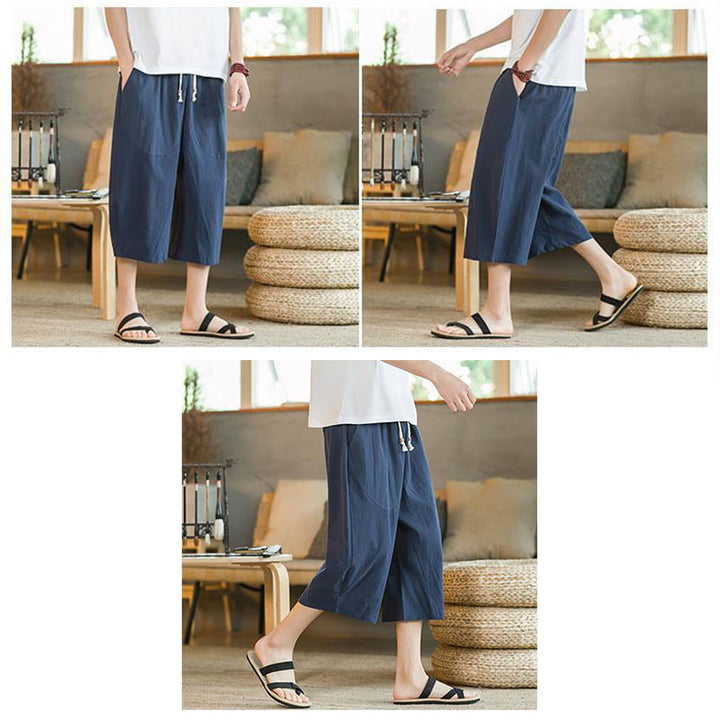 Pantalones anchos de hombre de lino de largo medio de color liso con Buddha Stones con bolsillos - image 15