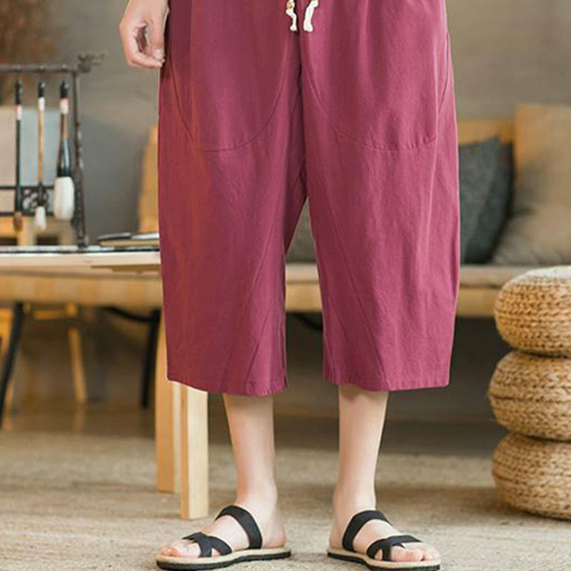 Pantalones anchos de hombre de lino de largo medio de color liso con Buddha Stones con bolsillos - image 21