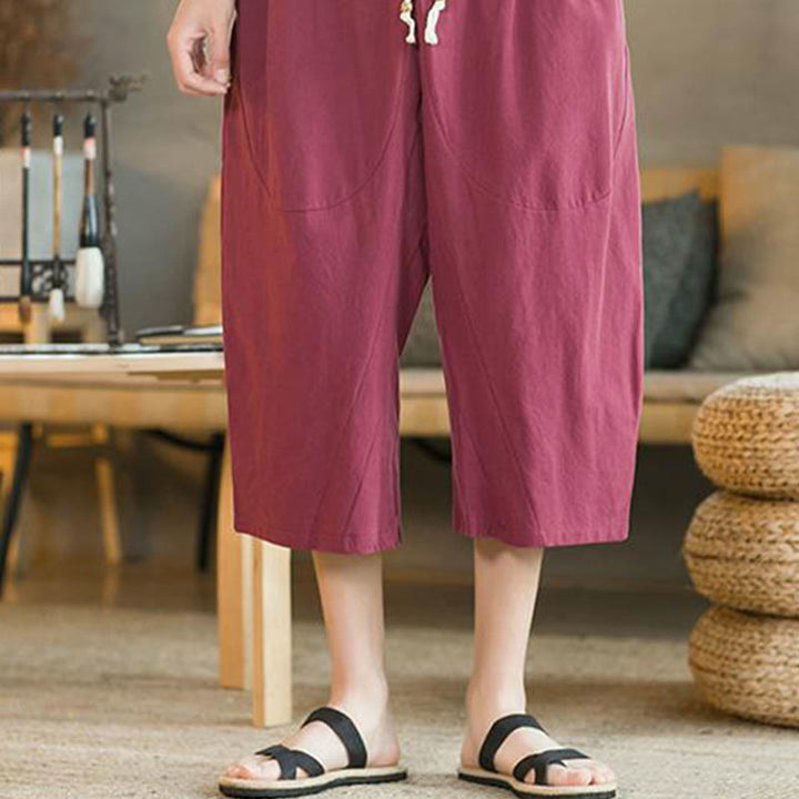 Pantalones anchos de hombre de lino de largo medio de color liso con Buddha Stones con bolsillos - image 20