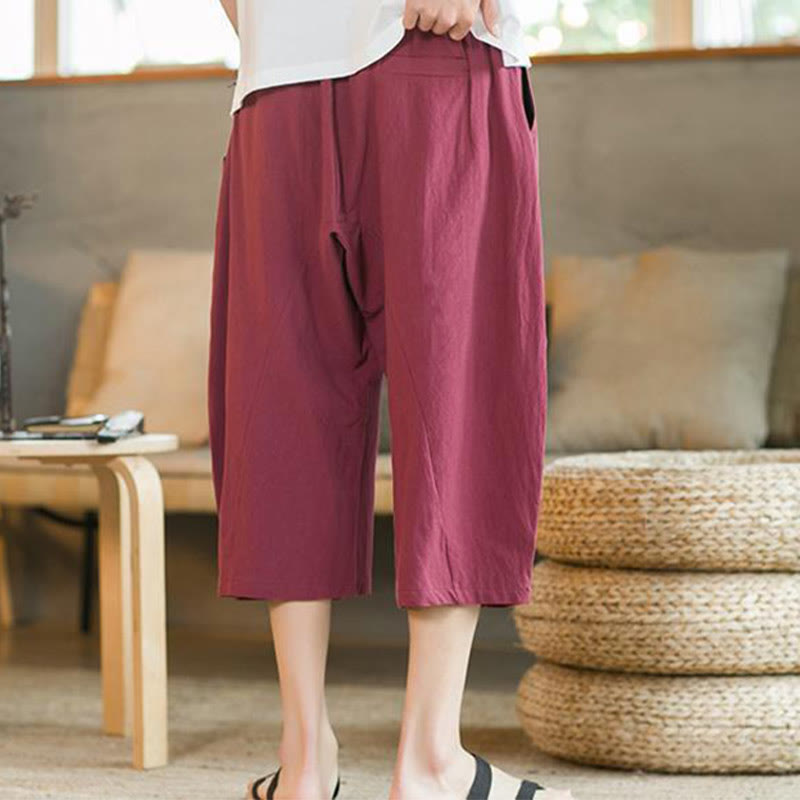 Pantalones anchos de hombre de lino de largo medio de color liso con Buddha Stones con bolsillos - image 19