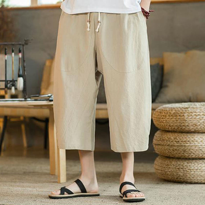 Pantalones anchos de hombre de lino de largo medio de color liso con Buddha Stones con bolsillos - image 3