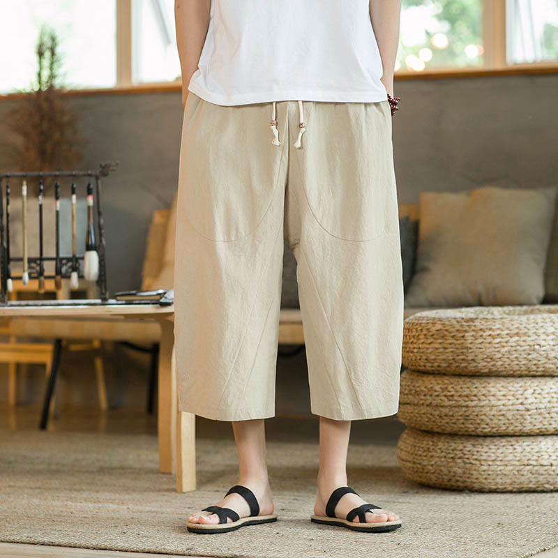 Pantalones anchos de hombre de lino de largo medio de color liso con Buddha Stones con bolsillos - image 4