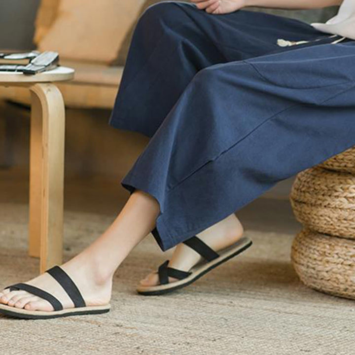 Pantalones anchos de hombre de lino de largo medio de color liso con Buddha Stones con bolsillos - image 15