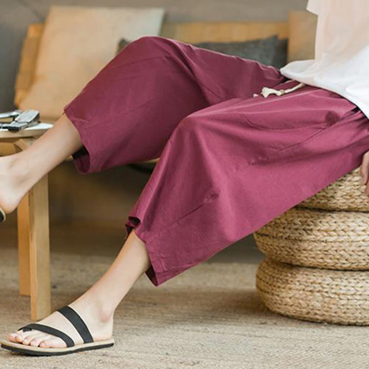 Pantalones anchos de hombre de lino de largo medio de color liso con Buddha Stones con bolsillos - image 23