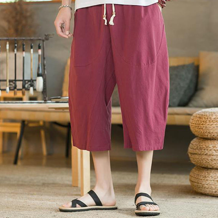Pantalones anchos de hombre de lino de largo medio de color liso con Buddha Stones con bolsillos - image 18