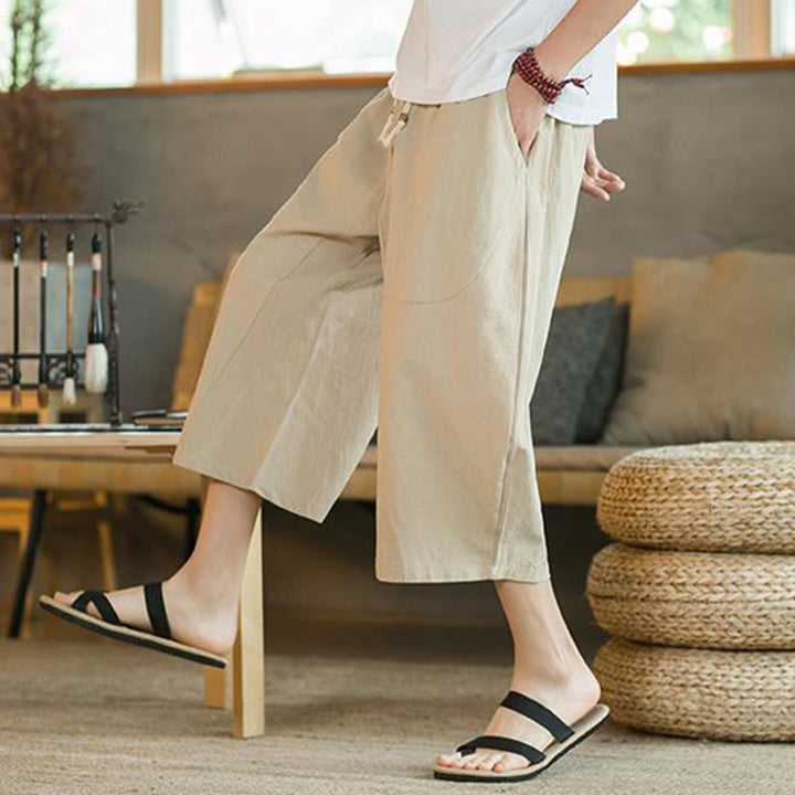 Pantalones anchos de hombre de lino de largo medio de color liso con Buddha Stones con bolsillos - image 7