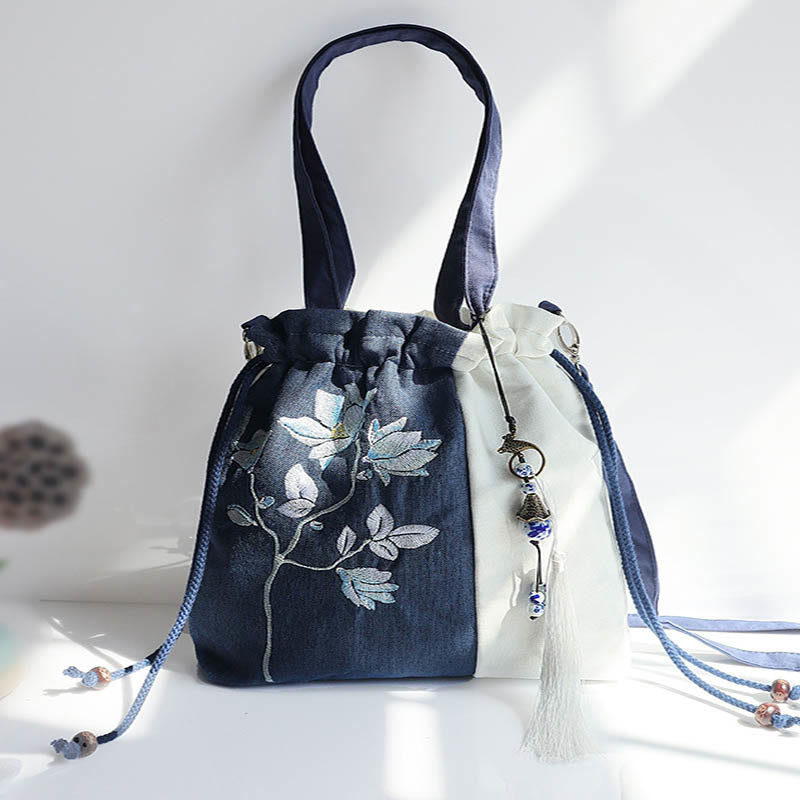 Buddha Stones, bordado, flores de hierba, flor de cerezo, bolso bandolera, bolso de mano