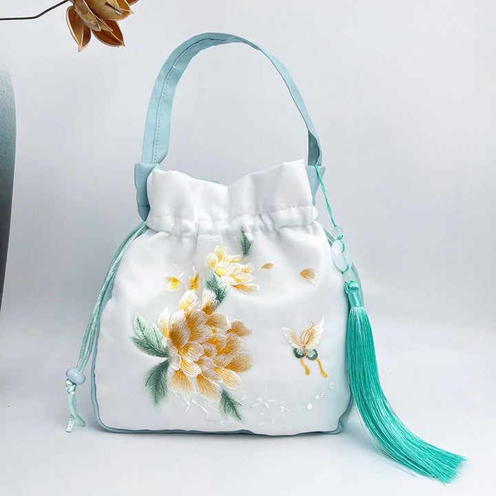 Bolso bandolera con bordado de Suzhou de Buddha Stones, con forma de conejo, loto, epifilo, peonía y magnolia