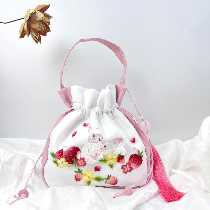 Bolso bandolera con bordado de Suzhou de Buddha Stones, con forma de conejo, loto, epifilo, peonía y magnolia