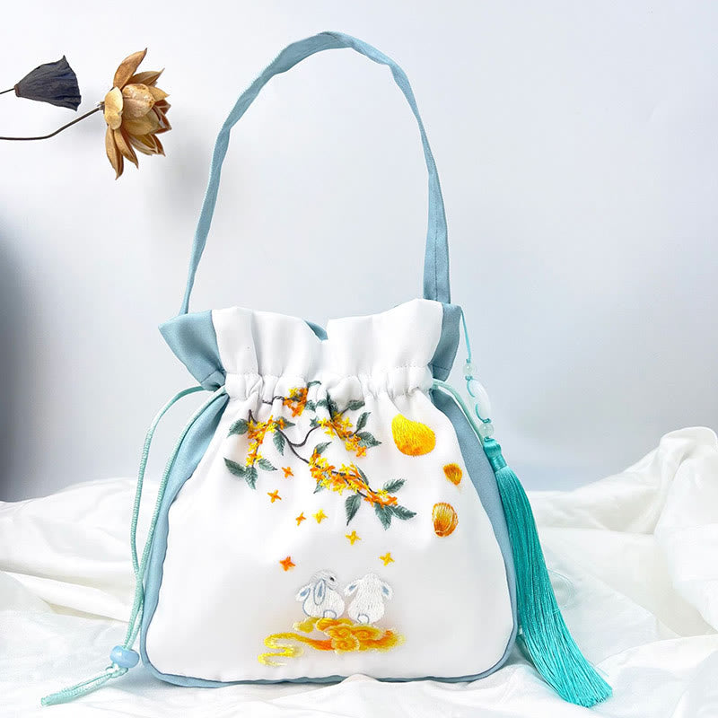 Bolso bandolera con bordado de Suzhou de Buddha Stones, con forma de conejo, loto, epifilo, peonía y magnolia