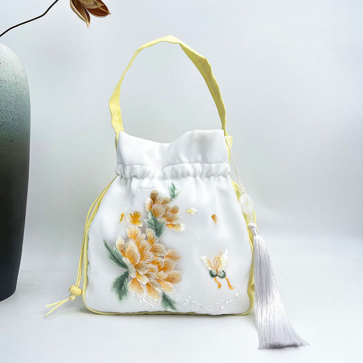 Bolso bandolera con bordado de Suzhou de Buddha Stones, con forma de conejo, loto, epifilo, peonía y magnolia