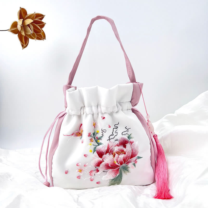 Bolso bandolera con bordado de Suzhou de Buddha Stones, con forma de conejo, loto, epifilo, peonía y magnolia