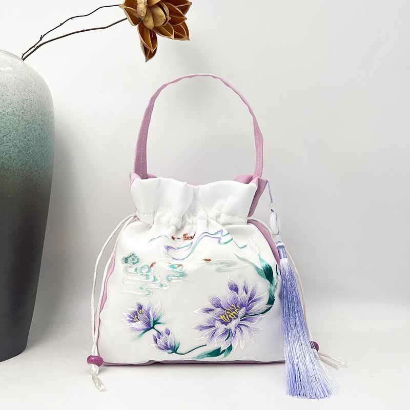 Bolso bandolera con bordado de Suzhou de Buddha Stones, con forma de conejo, loto, epifilo, peonía y magnolia