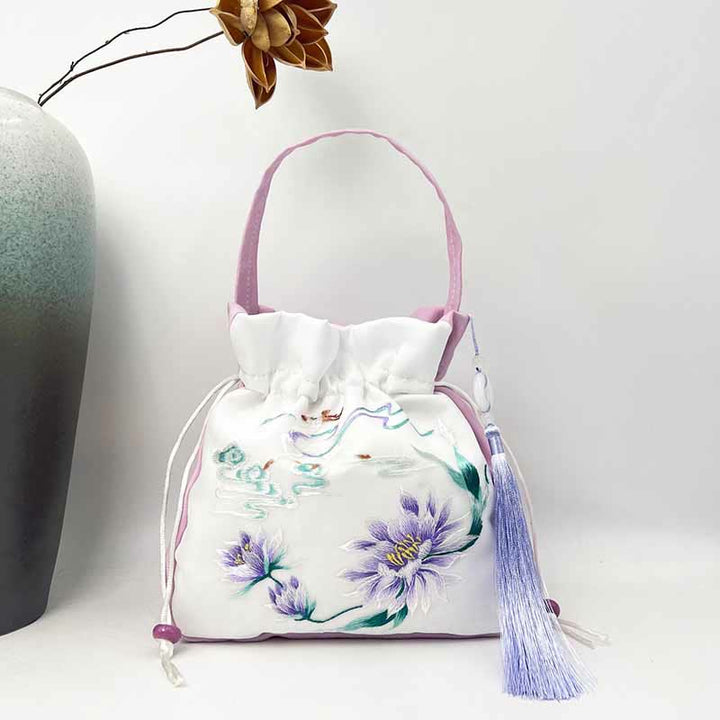 Bolso bandolera con bordado de Suzhou de Buddha Stones, con forma de conejo, loto, epifilo, peonía y magnolia