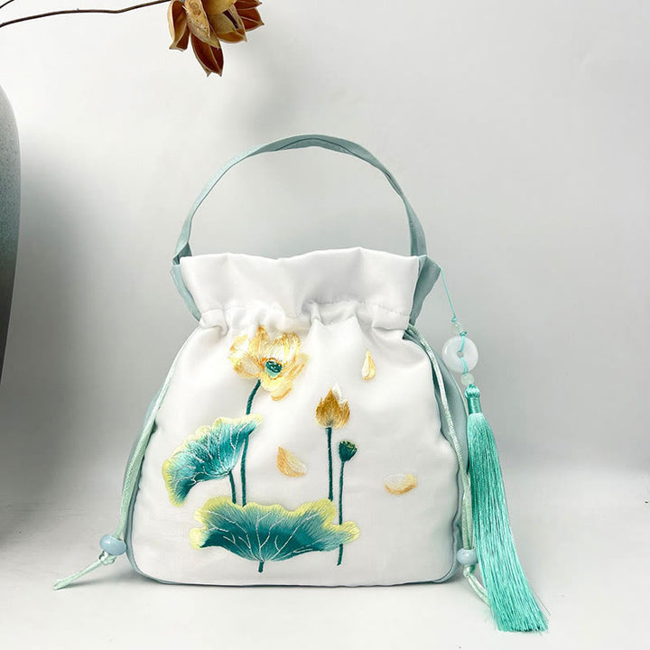 Bolso bandolera con bordado de Suzhou de Buddha Stones, con forma de conejo, loto, epifilo, peonía y magnolia