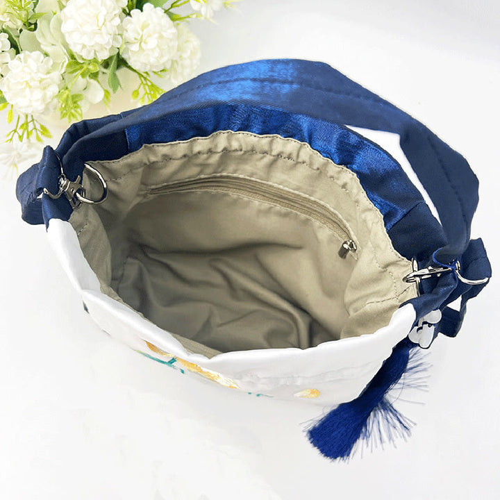 Bolso bandolera con bordado de Suzhou de Buddha Stones, con forma de conejo, loto, epifilo, peonía y magnolia