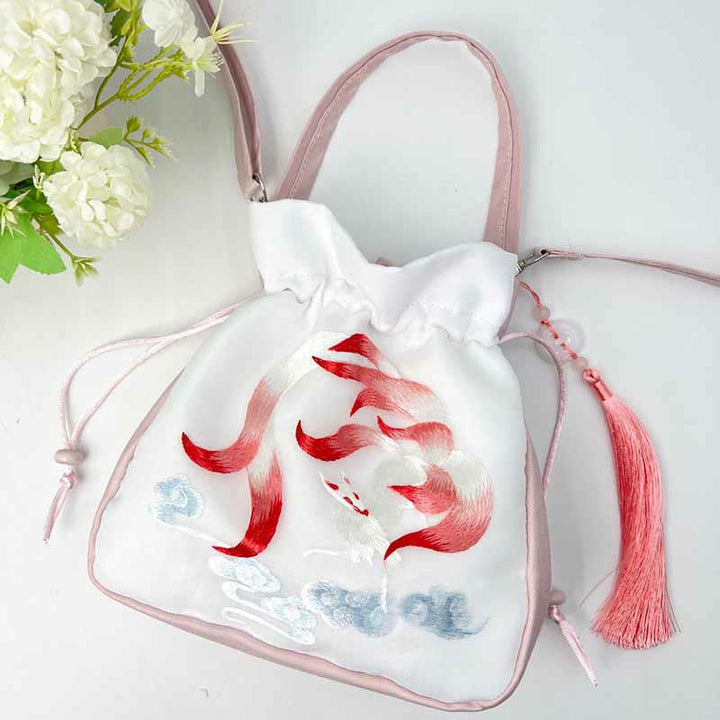 Bolso bandolera con bordado de Suzhou de Buddha Stones, con forma de conejo, loto, epifilo, peonía y magnolia