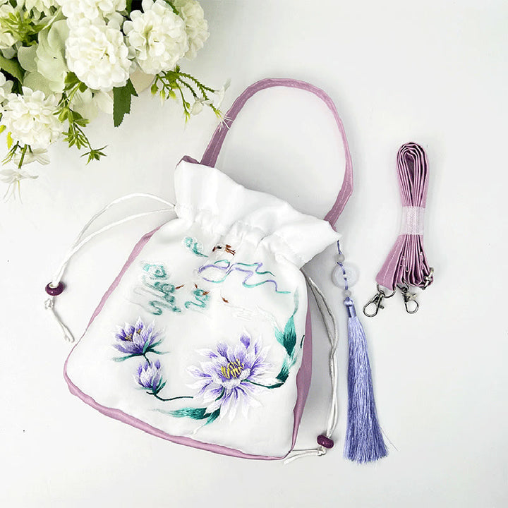 Bolso bandolera con bordado de Suzhou de Buddha Stones, con forma de conejo, loto, epifilo, peonía y magnolia