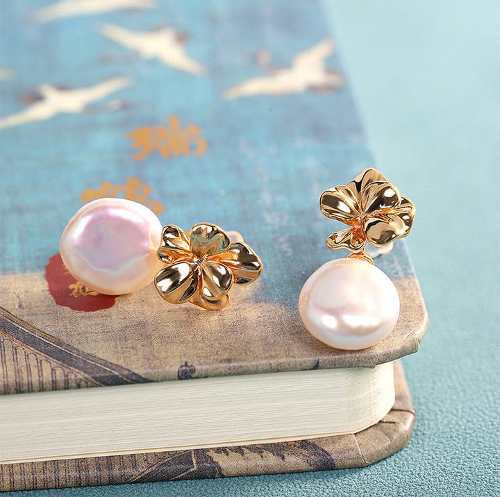 Pendientes colgantes curativos de flores de perlas barrocas naturales de plata de ley 925 con Buddha Stones - image 1