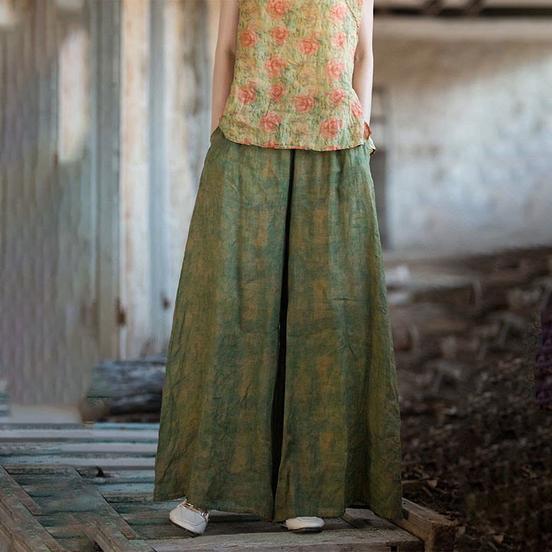 Pantalones anchos con cinturilla flexible de lino de ramio en verde y amarillo con Buddha Stones y bolsillos