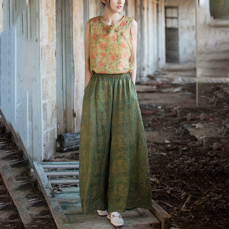 Pantalones anchos con cinturilla flexible de lino de ramio en verde y amarillo con Buddha Stones y bolsillos