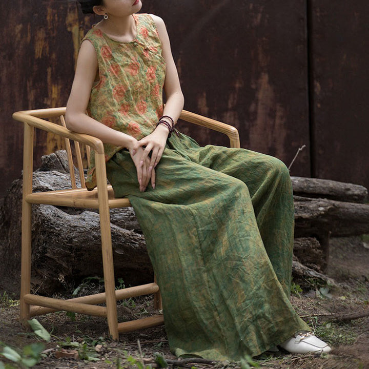 Pantalones anchos con cinturilla flexible de lino de ramio en verde y amarillo con Buddha Stones y bolsillos