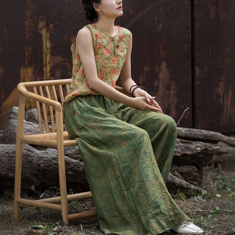 Pantalones anchos con cinturilla flexible de lino de ramio en verde y amarillo con Buddha Stones y bolsillos