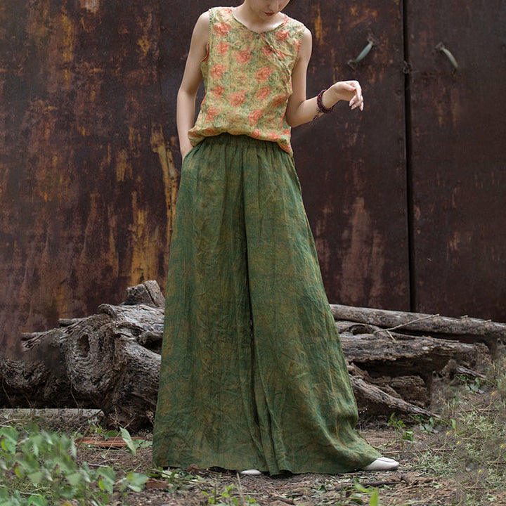 Pantalones anchos con cinturilla flexible de lino de ramio en verde y amarillo con Buddha Stones y bolsillos