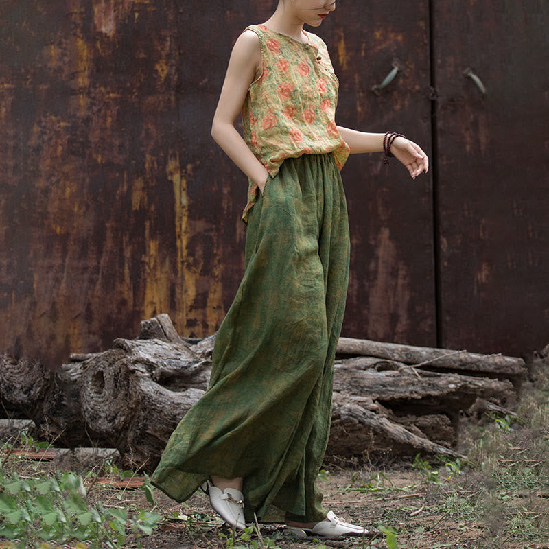 Pantalones anchos con cinturilla flexible de lino de ramio en verde y amarillo con Buddha Stones y bolsillos