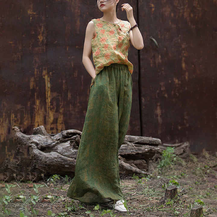 Pantalones anchos con cinturilla flexible de lino de ramio en verde y amarillo con Buddha Stones y bolsillos