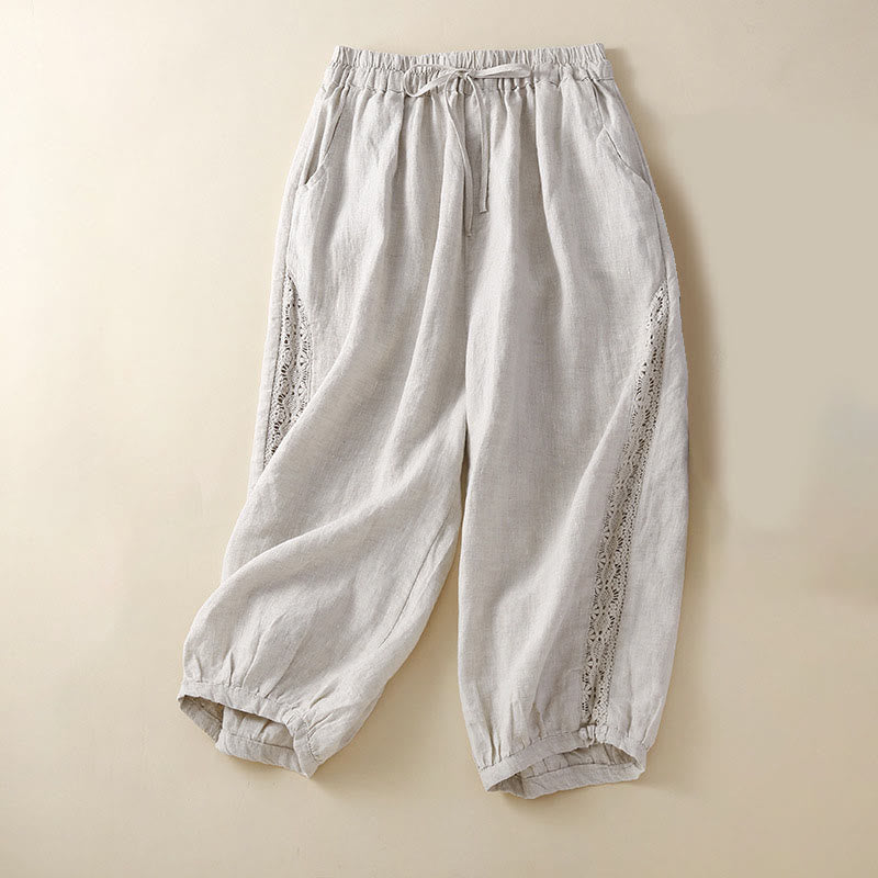 Pantalones harem holgados con cordón ajustable, estampado floral y Buddha Stones, color liso. - Beige - US8-10，UK/AU12-14，EU40-42 (2XL) - image 0