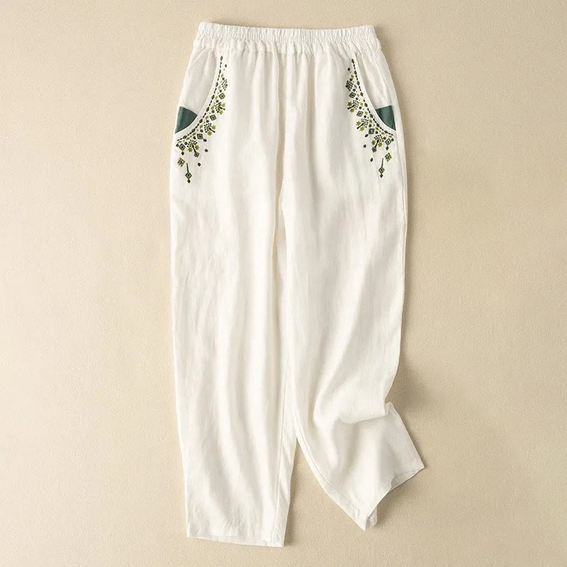 Pantalones capri estilo harén con cintura elástica y bordado vintage de Buddha Stones y bolsillos - Blanco - US14, UK/AU18, EU46 (4XL) - image 4