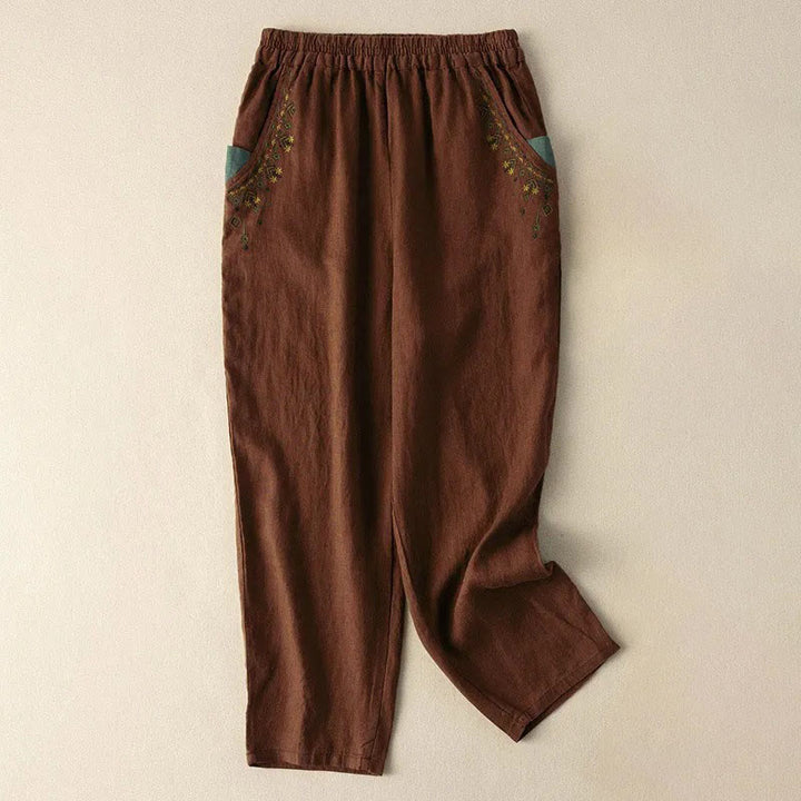 Pantalones capri estilo harén con cintura elástica y bordado vintage de Buddha Stones y bolsillos - Marrón - US14, UK/AU18, EU46 (4XL) - image 8