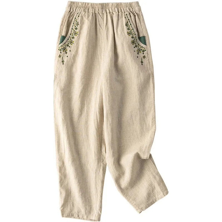 Pantalones capri estilo harén con cintura elástica y bordado vintage de Buddha Stones y bolsillos - image 16