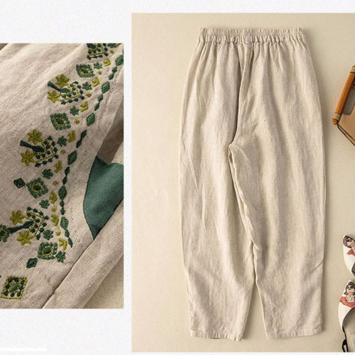 Pantalones capri estilo harén con cintura elástica y bordado vintage de Buddha Stones y bolsillos - image 15