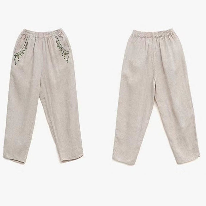 Pantalones capri estilo harén con cintura elástica y bordado vintage de Buddha Stones y bolsillos - image 22