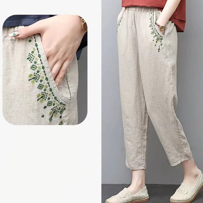 Pantalones capri estilo harén con cintura elástica y bordado vintage de Buddha Stones y bolsillos - image 21