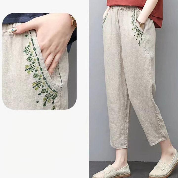 Pantalones capri estilo harén con cintura elástica y bordado vintage de Buddha Stones y bolsillos - image 21