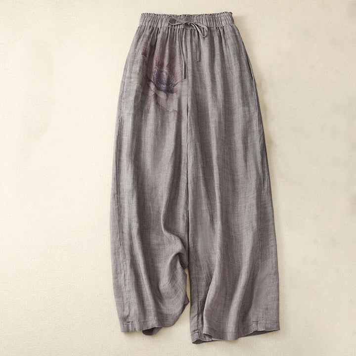 Pantalones de pernera ancha con cordón y bolsillos de lino y algodón con estampado floral de Buddha Stones - Gris - US12, UK/AU16, EU44 (2XL) - image 6