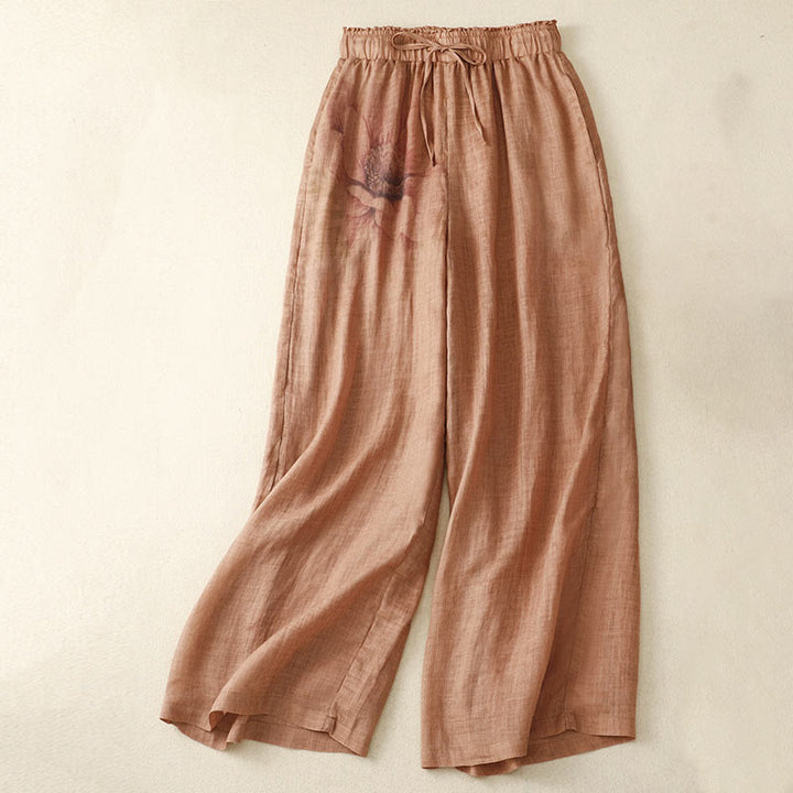 Pantalones de pernera ancha con cordón y bolsillos de lino y algodón con estampado floral de Buddha Stones - Naranja - US12, UK/AU16, EU44 (2XL) - image 13