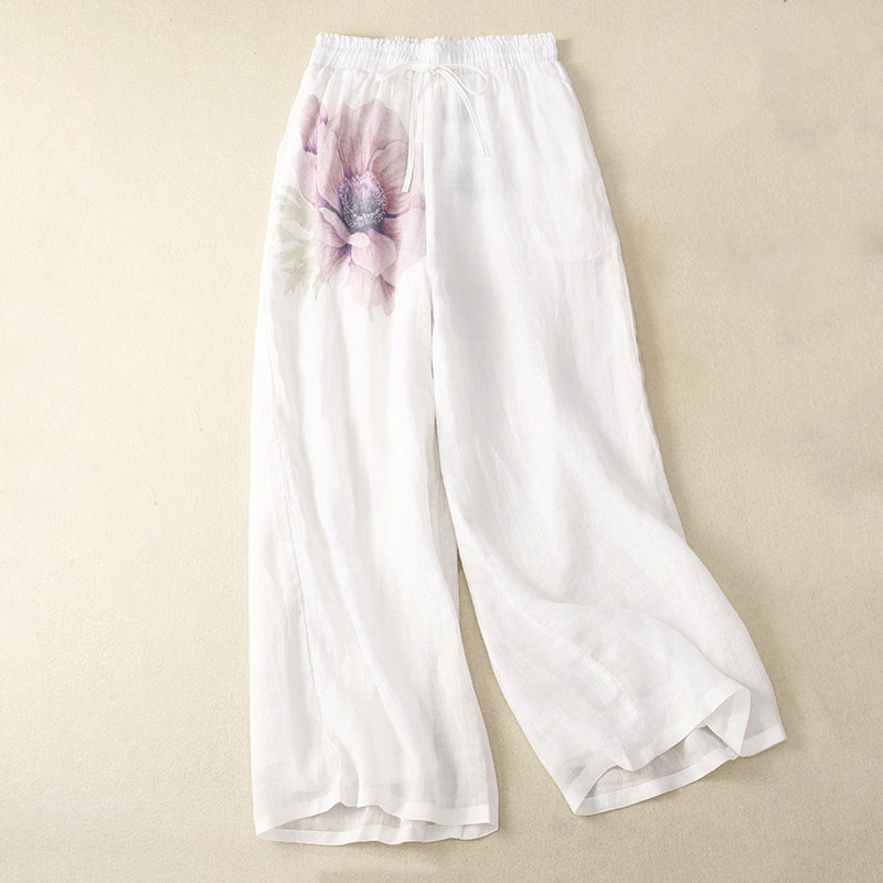 Pantalones de pernera ancha con cordón y bolsillos de lino y algodón con estampado floral de Buddha Stones - Blanco - US12, UK/AU16, EU44 (2XL) - image 0